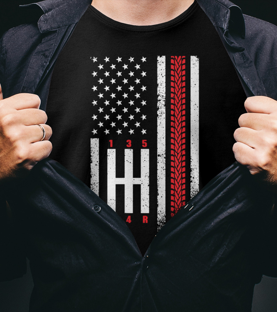 Shift Mechanic Gears American Flag Racing Tire Tracks T-Shirt