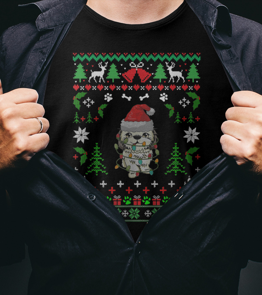 Shitzu Christmas Reindeer Santa Hat Ugly T-Shirt