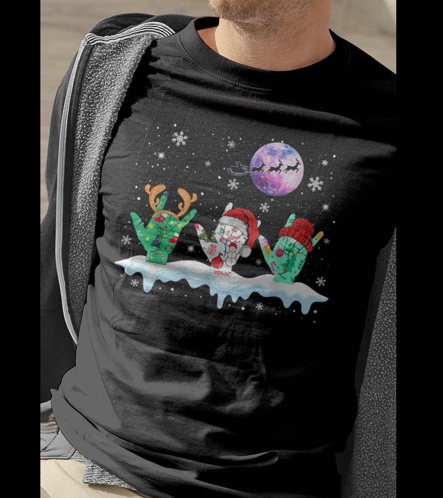 Sign Language Christmas Reindeer Santa Moon Snowflakes T-Shirt