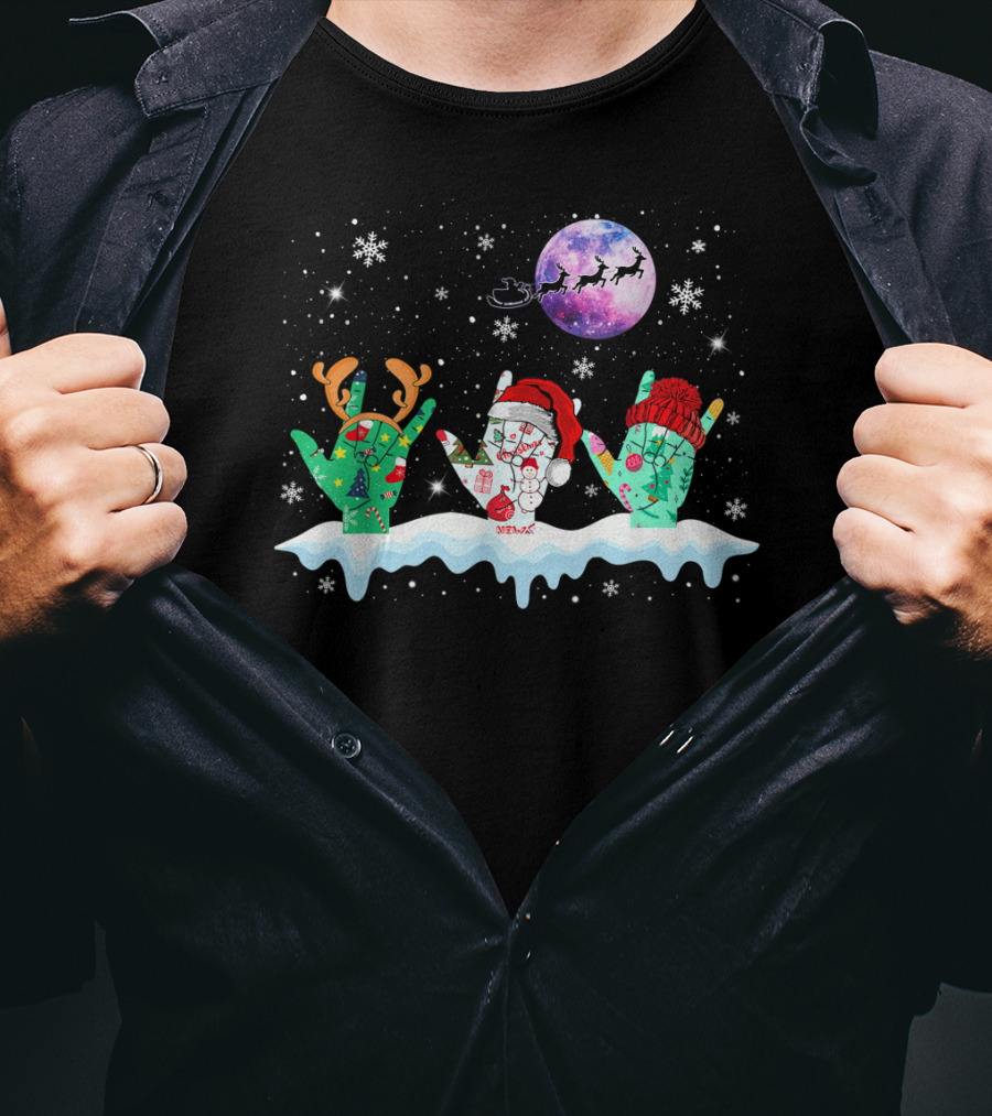 Sign Language Christmas Reindeer Santa Moon Snowflakes T-Shirt