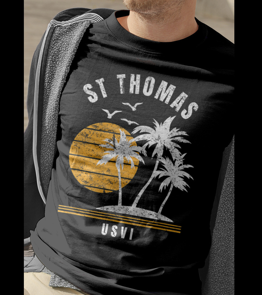 St Thomas USVI Caribbean Sunset With Palm Trees And Birds T-Shirt