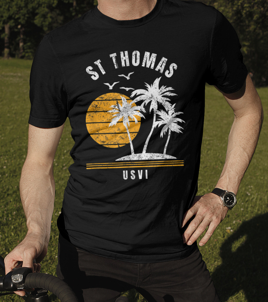 St Thomas USVI Caribbean Sunset With Palm Trees And Birds T-Shirt