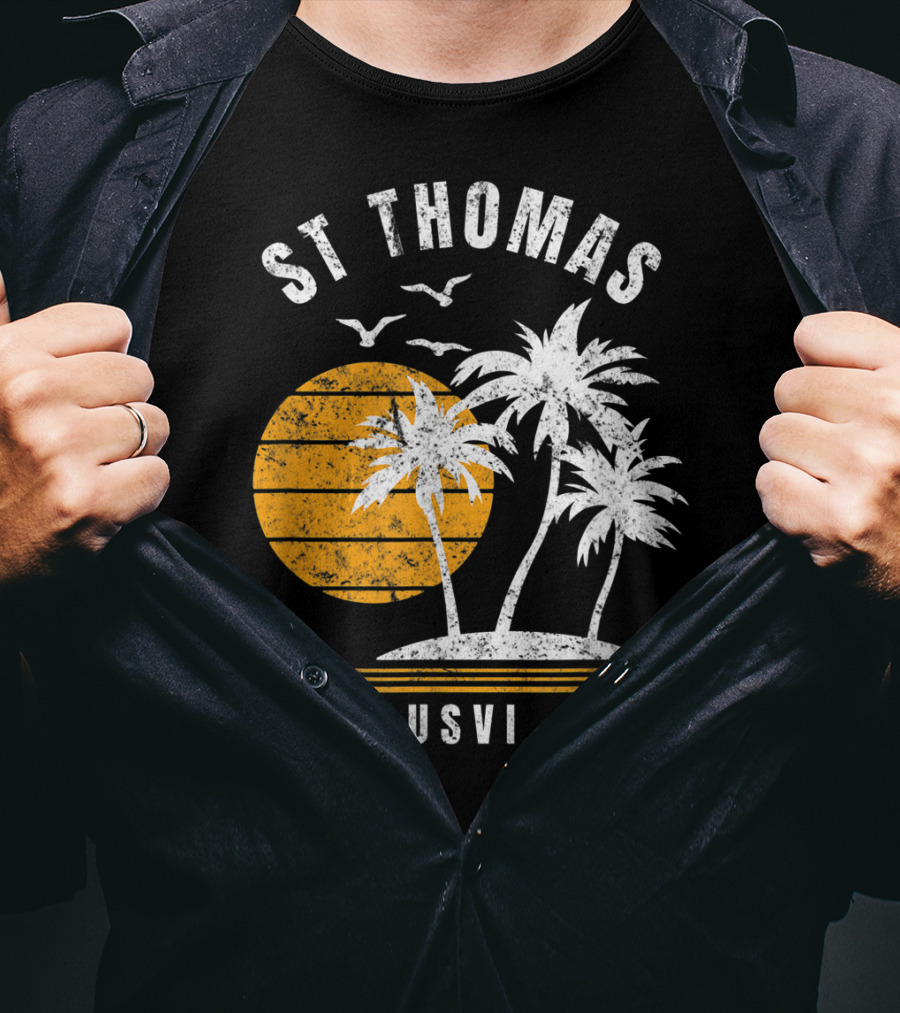 St Thomas USVI Caribbean Sunset With Palm Trees And Birds T-Shirt