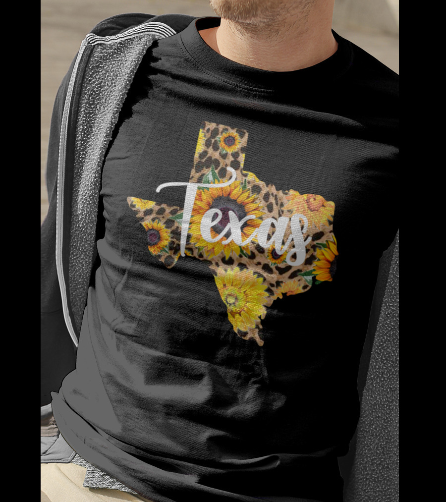 Texas Sunflower Leopard Print Wildflower State Map T-Shirt