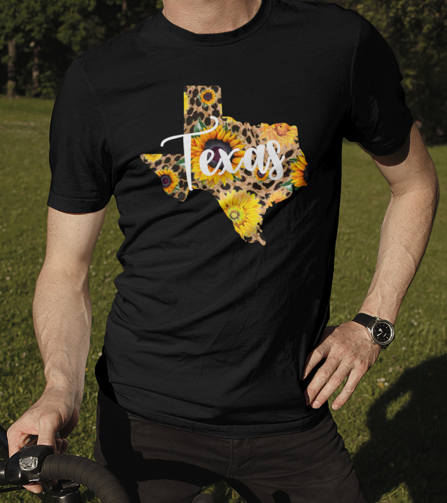 Texas Sunflower Leopard Print Wildflower State Map T-Shirt