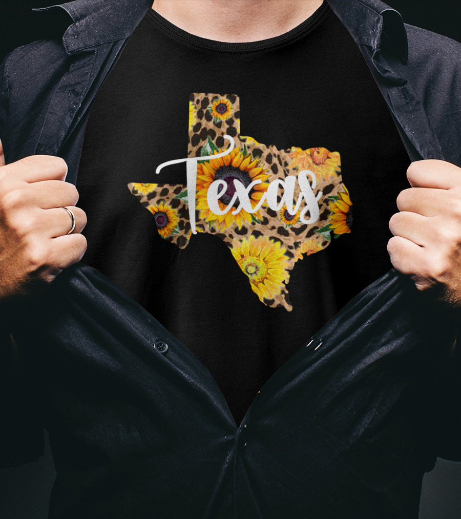 Texas Sunflower Leopard Print Wildflower State Map T-Shirt