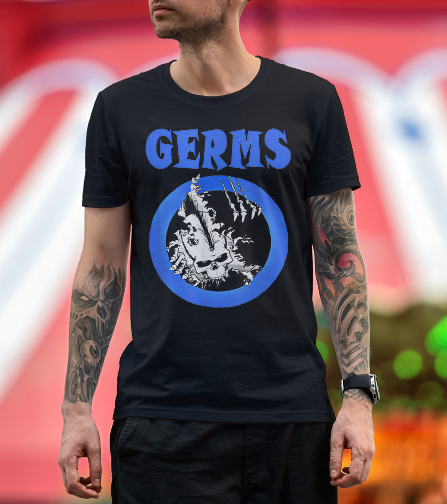 Germs Punk Rock Cool Skull Symbol with Blue Circle T-Shirt