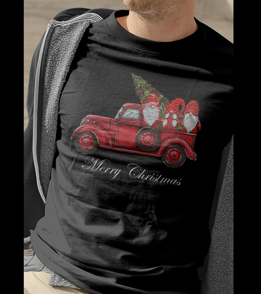 Three Gnomes In Red Truck With Merry Christmas Wishes T-Shirt