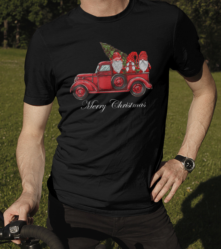 Three Gnomes In Red Truck With Merry Christmas Wishes T-Shirt