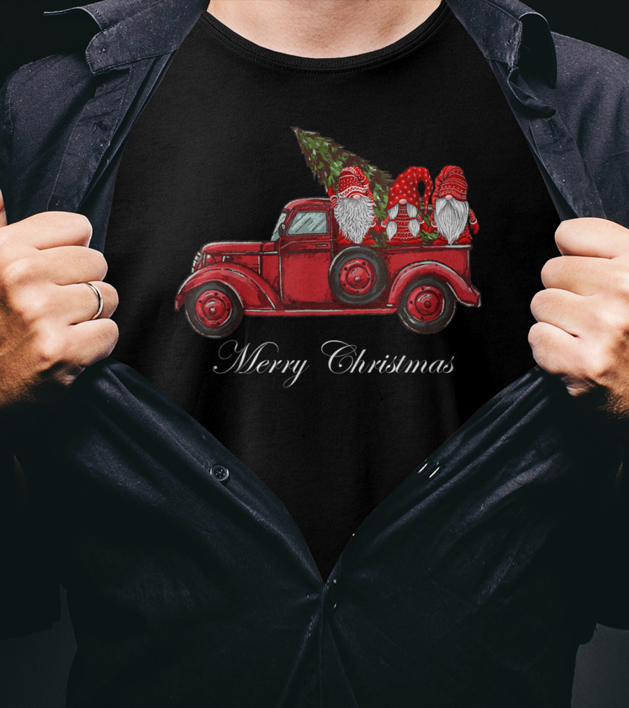Three Gnomes In Red Truck With Merry Christmas Wishes T-Shirt