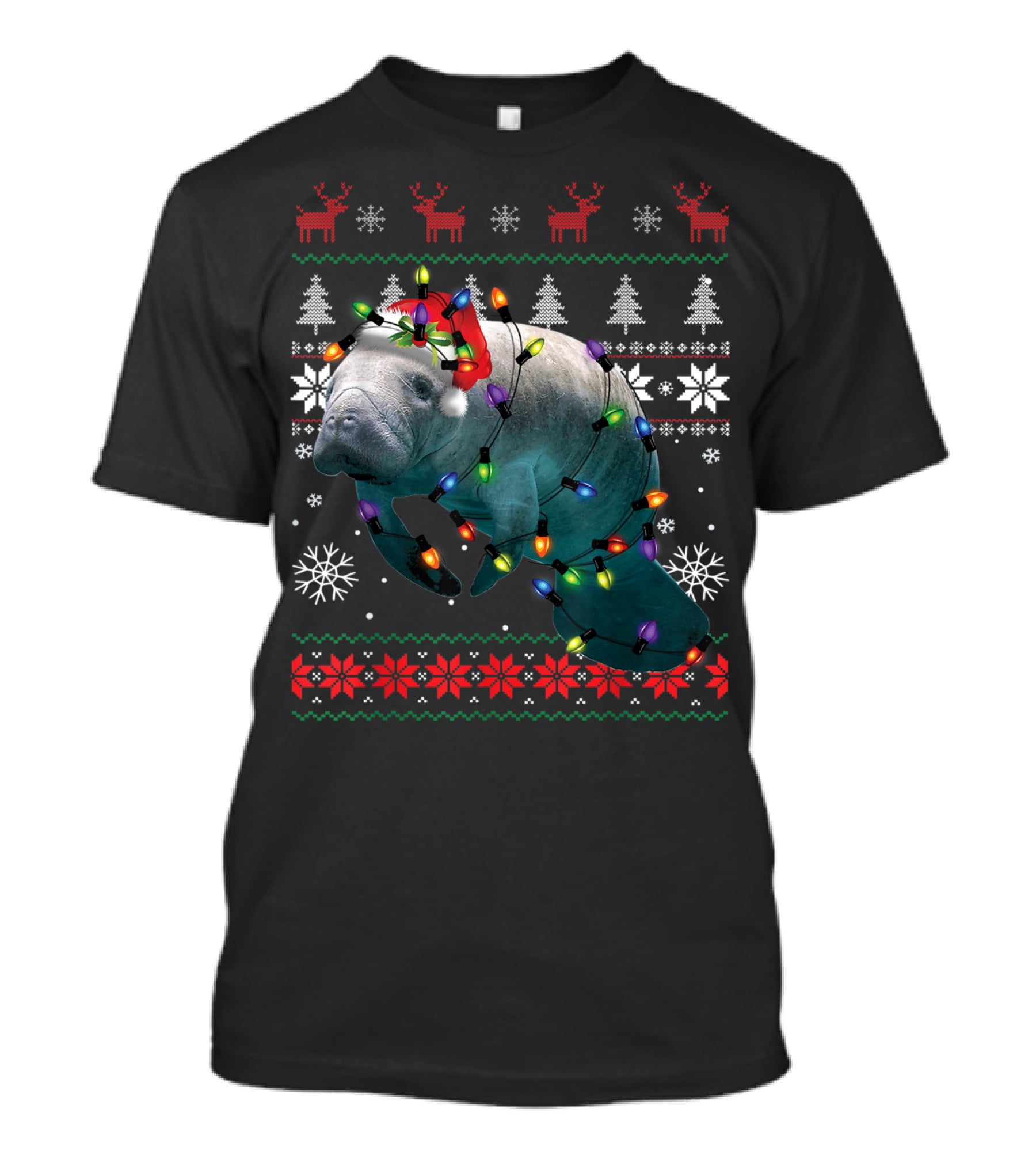 Ugly Christmas Manatee Santa Funny Mana Lover Holiday Lights T-Shirt