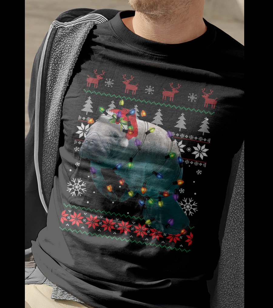 Ugly Christmas Manatee Santa Funny Mana Lover Holiday Lights T-Shirt