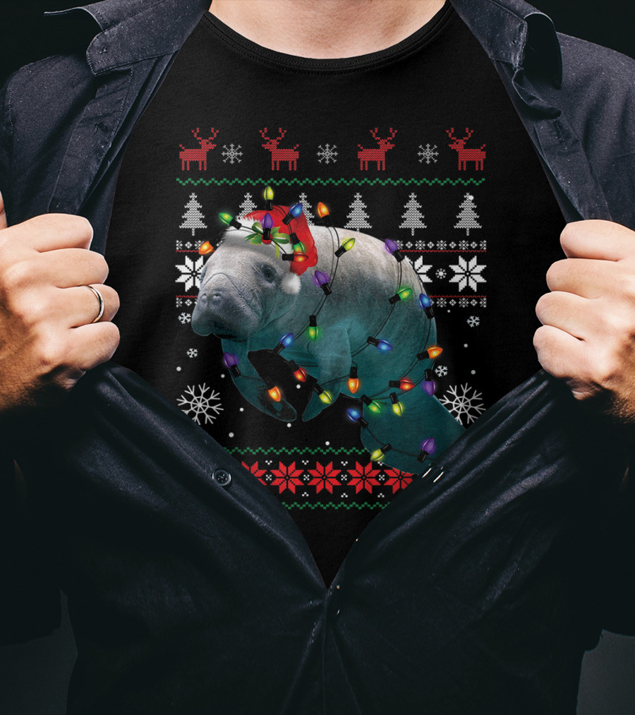 Ugly Christmas Manatee Santa Funny Mana Lover Holiday Lights T-Shirt