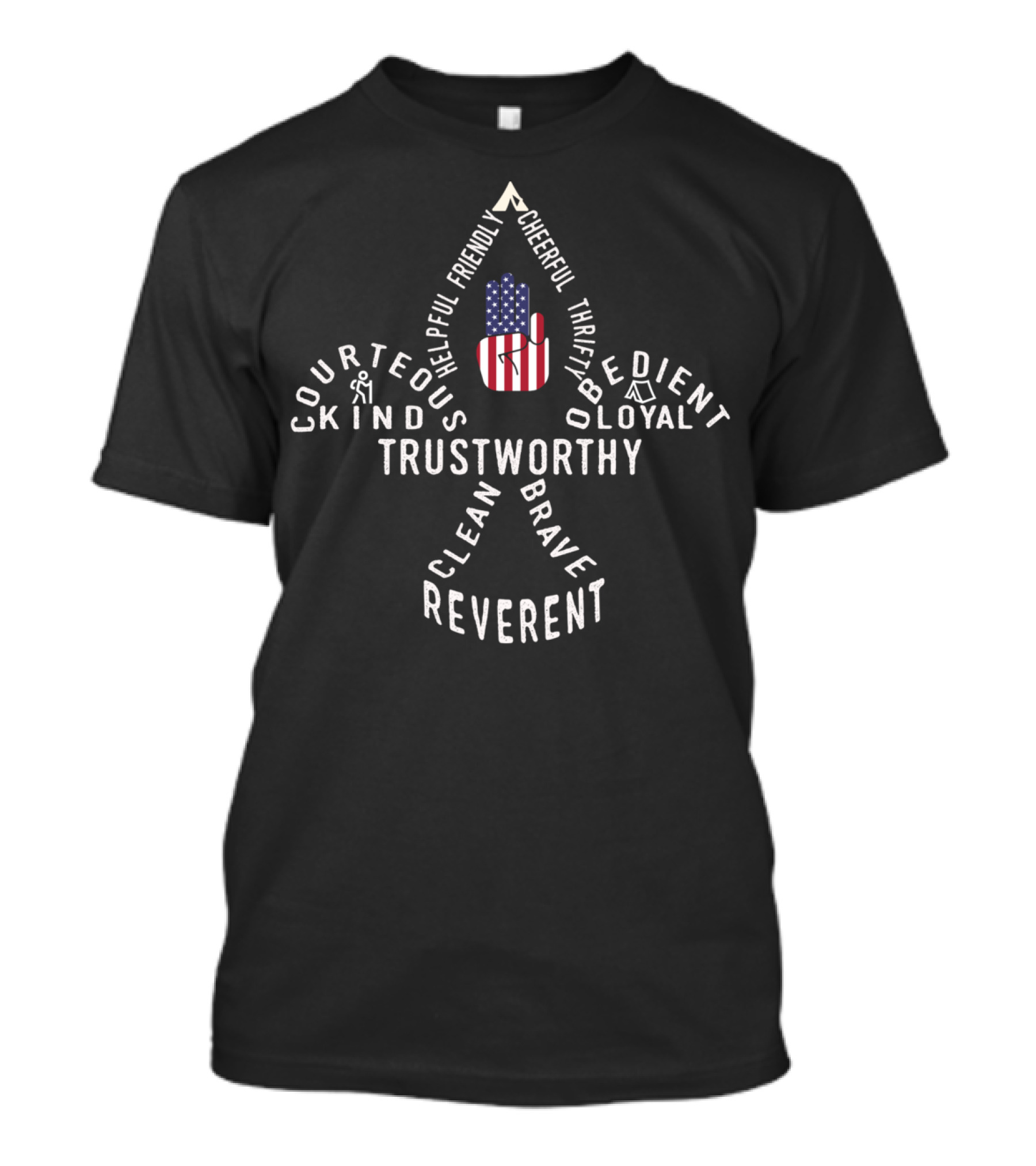Us American Flag Scout Law Trustworthy Loyal Helpful Friendly Courteous Kind Obedient Cheerful Thrifty Brave Clean Reverent T-Shirt