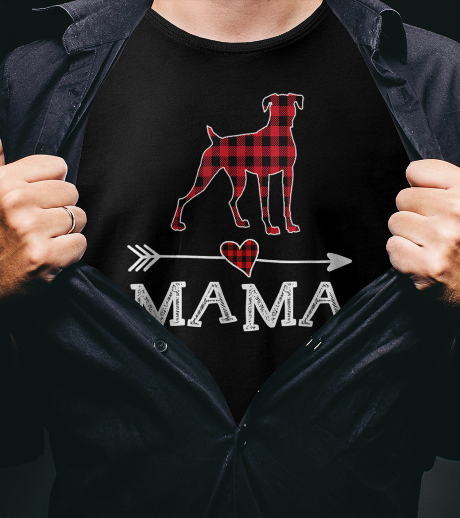 Mama Red Plaid Boxer Dog Heart Buffalo T-Shirt