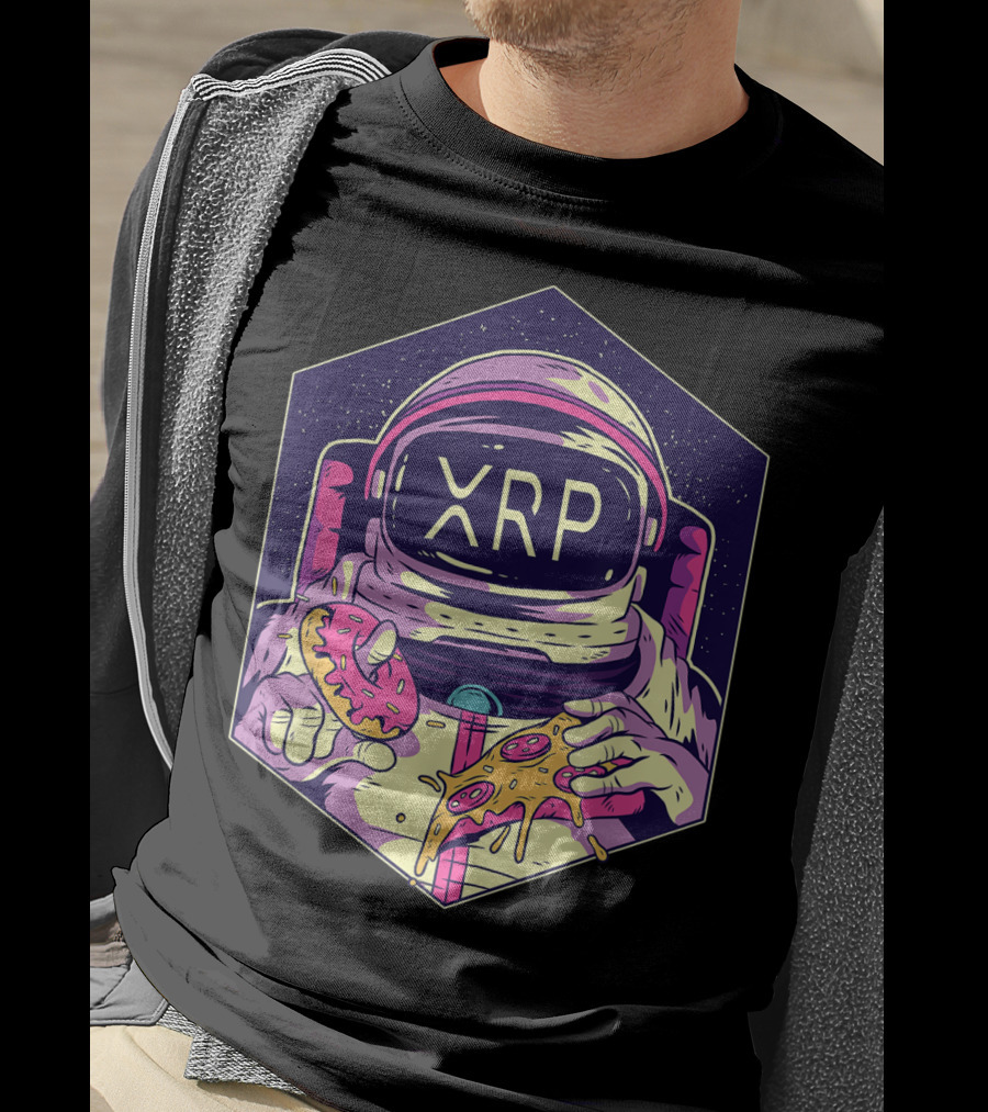 XRP Symbol Astronaut Eating Pizza And Donut Crypto Currency To The Moon T-Shirt