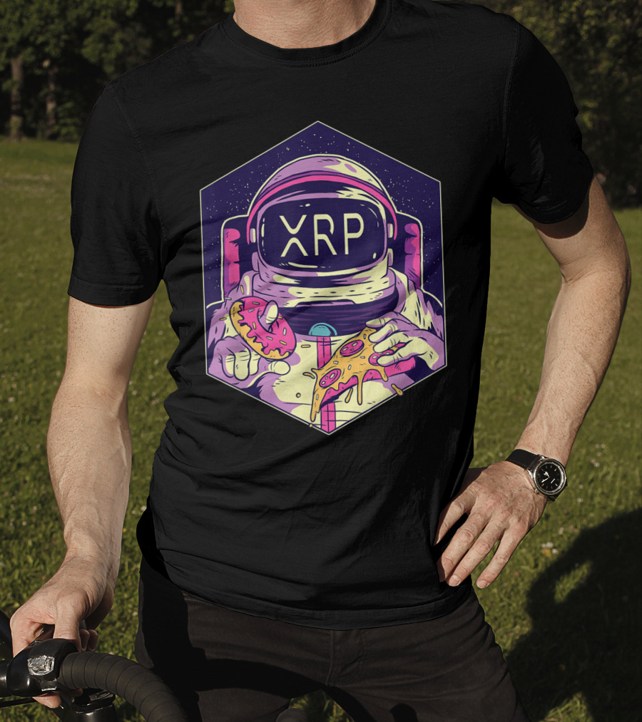 XRP Symbol Astronaut Eating Pizza And Donut Crypto Currency To The Moon T-Shirt