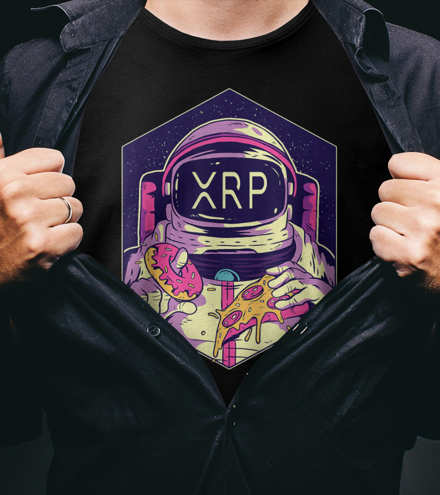 XRP Symbol Astronaut Eating Pizza And Donut Crypto Currency To The Moon T-Shirt