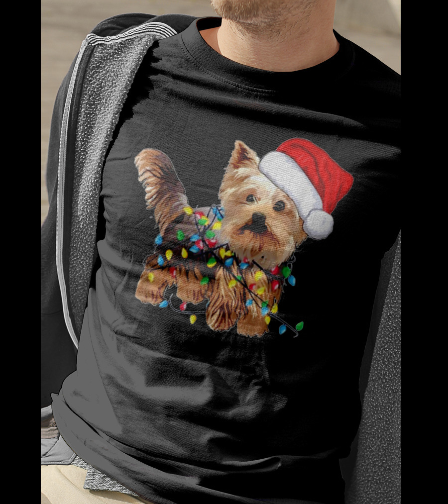 Yorkie Christmas Lights Santa Hat T-Shirt