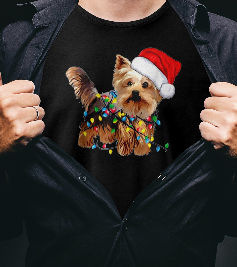 Yorkie Christmas Lights Santa Hat T-Shirt