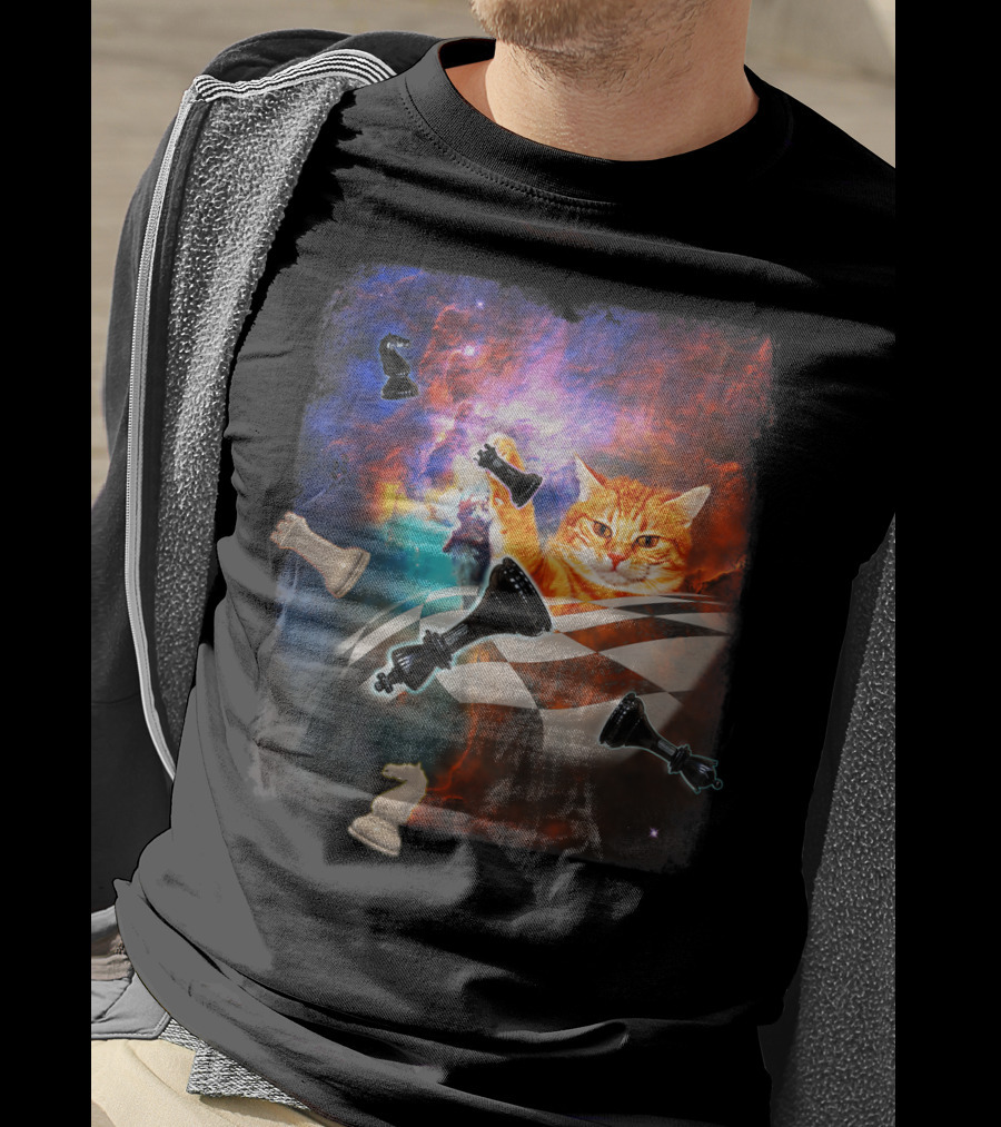Chess Cat Floating Between Stars And Nebula With Chess Pieces T-Shirt