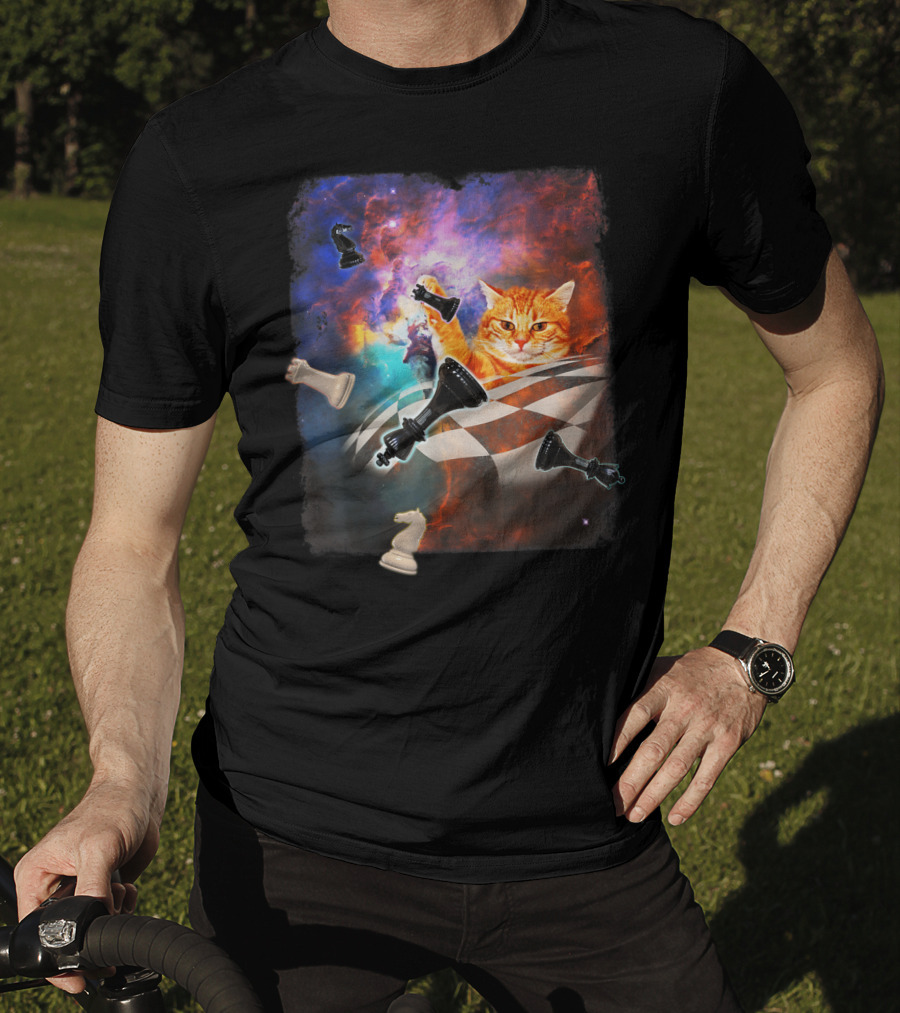 Chess Cat Floating Between Stars And Nebula With Chess Pieces T-Shirt