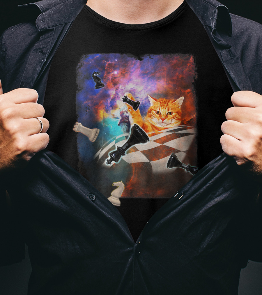 Chess Cat Floating Between Stars And Nebula With Chess Pieces T-Shirt