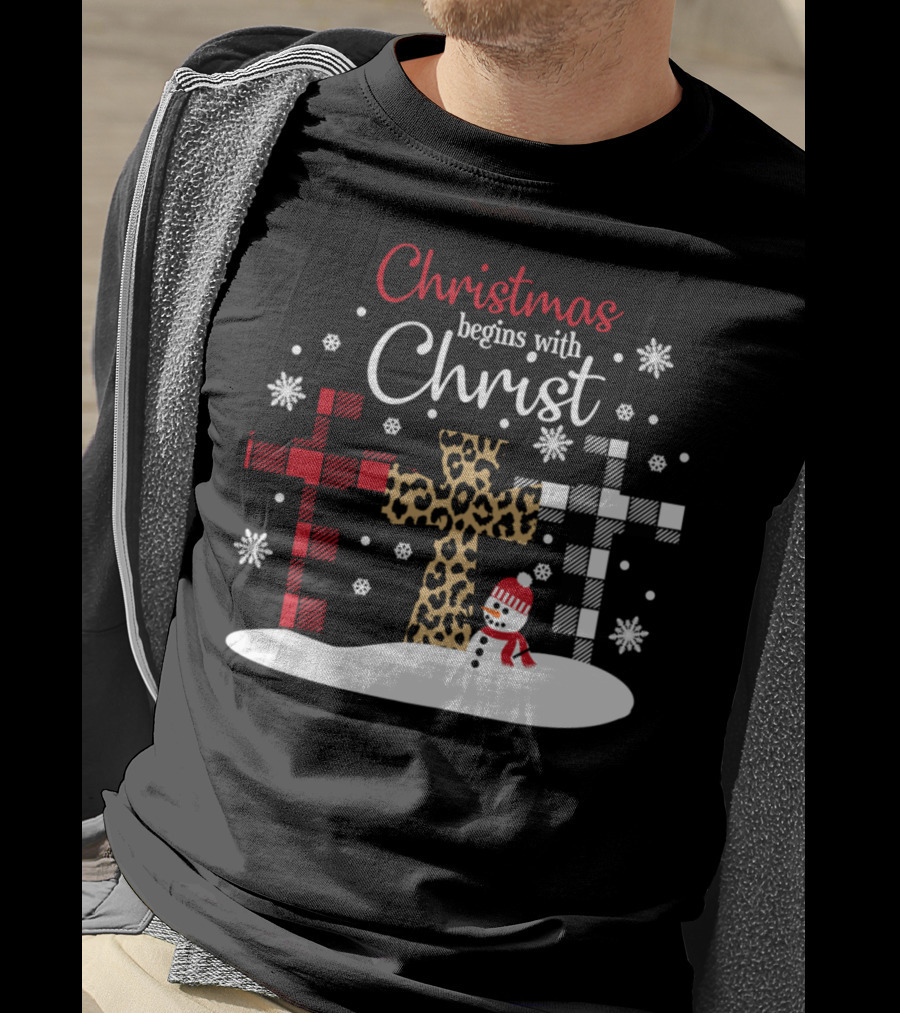 Christmas Begins With Christ Snowman And Patterned Crosses T-Shirt