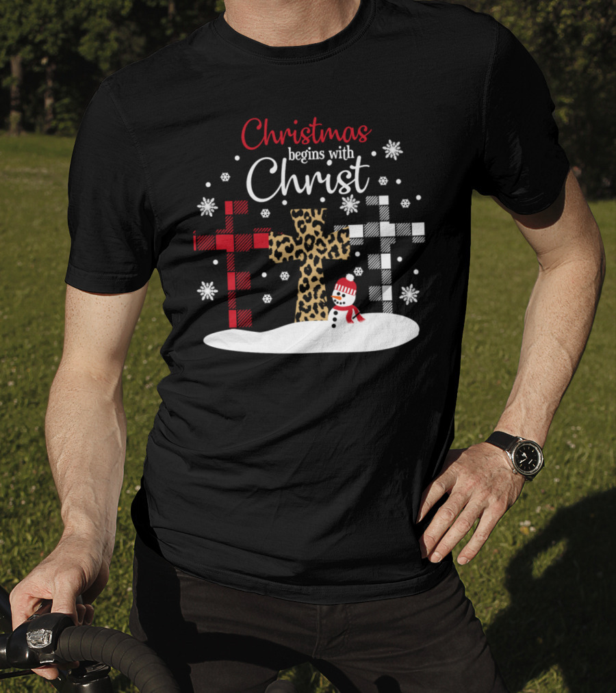 Christmas Begins With Christ Snowman And Patterned Crosses T-Shirt