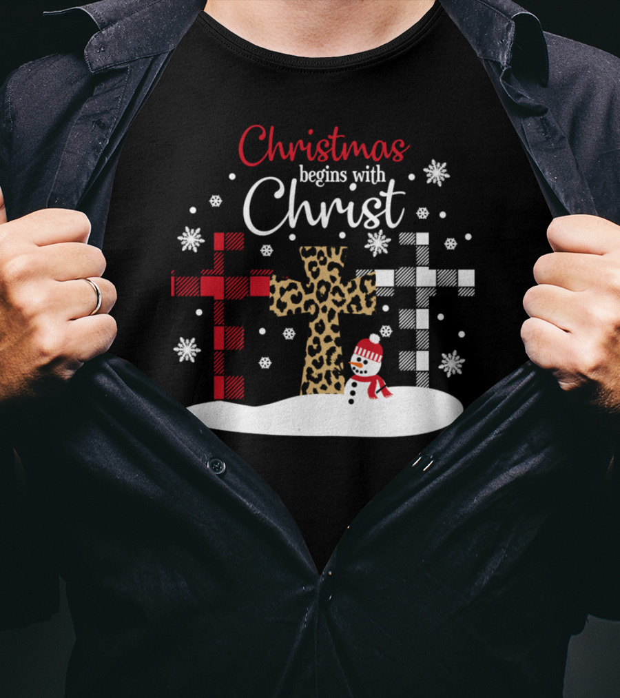 Christmas Begins With Christ Snowman And Patterned Crosses T-Shirt