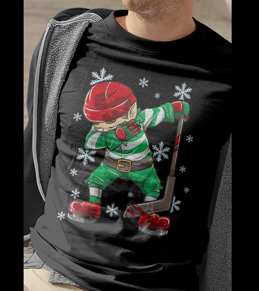 Christmas Elf Dabbing Ice Hockey Snowflake Squad T-Shirt