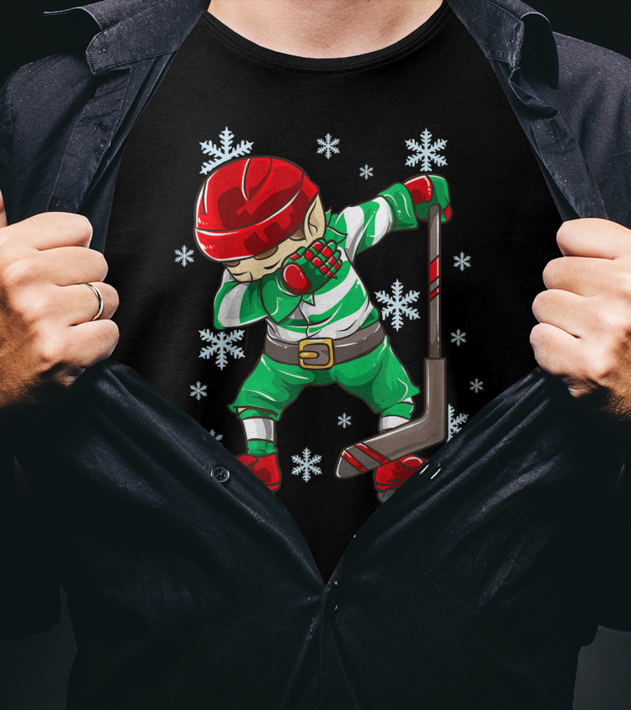Christmas Elf Dabbing Ice Hockey Snowflake Squad T-Shirt