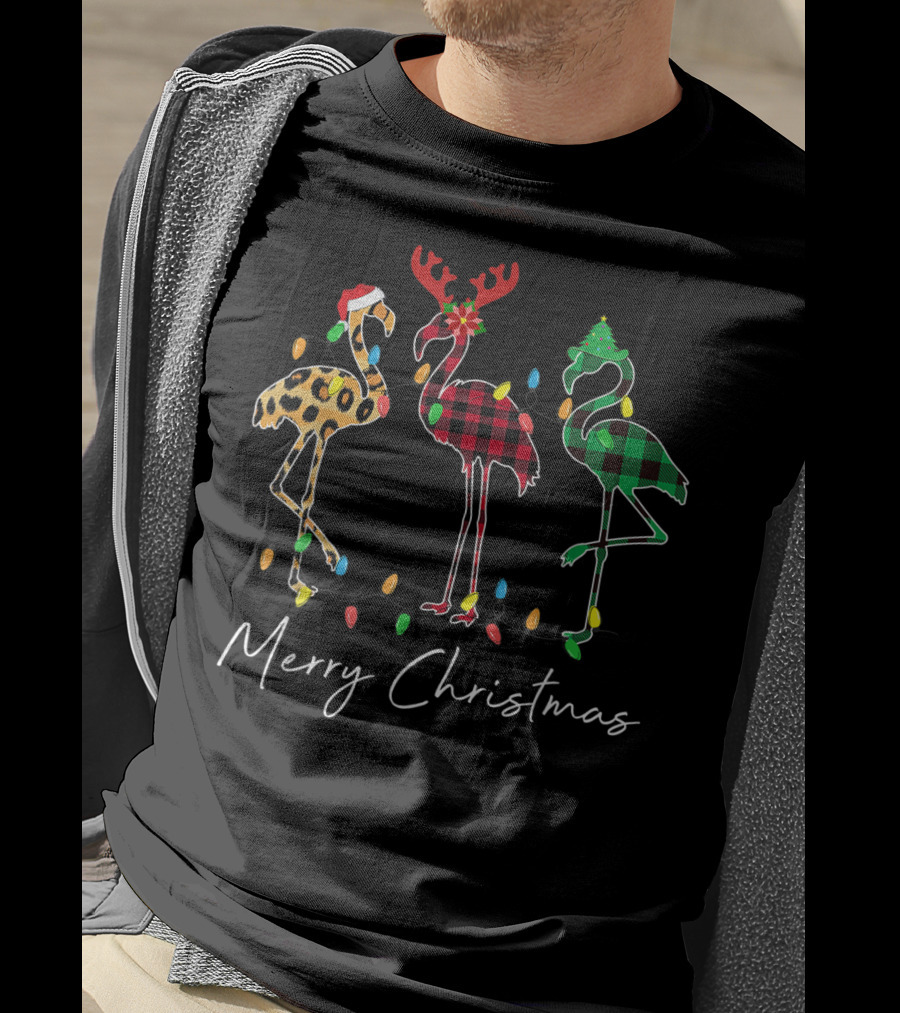 Merry Christmas Flamingo Santa Hat Reindeer Horns Xmas Light T-Shirt