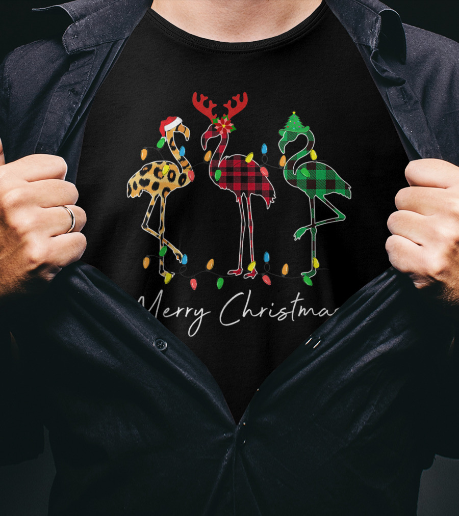 Merry Christmas Flamingo Santa Hat Reindeer Horns Xmas Light T-Shirt
