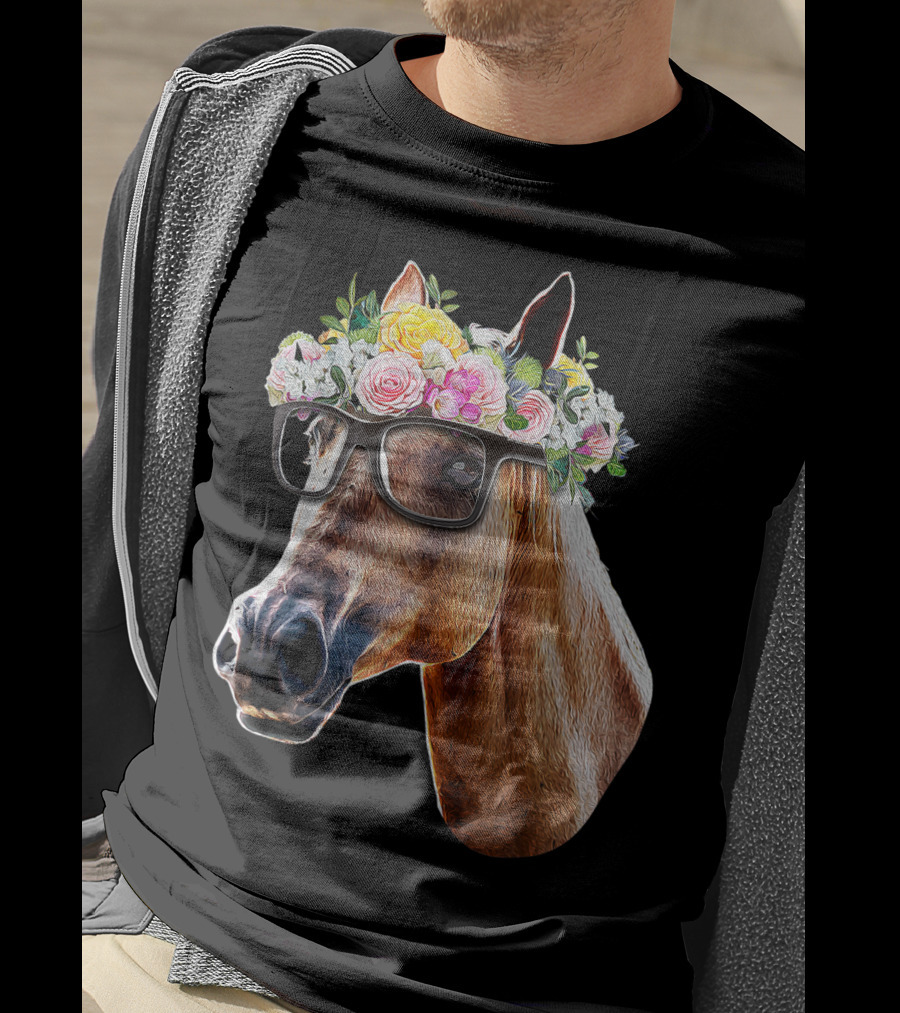 Floral Horse With Glasses Equestrian Farm Riding T-Shirt