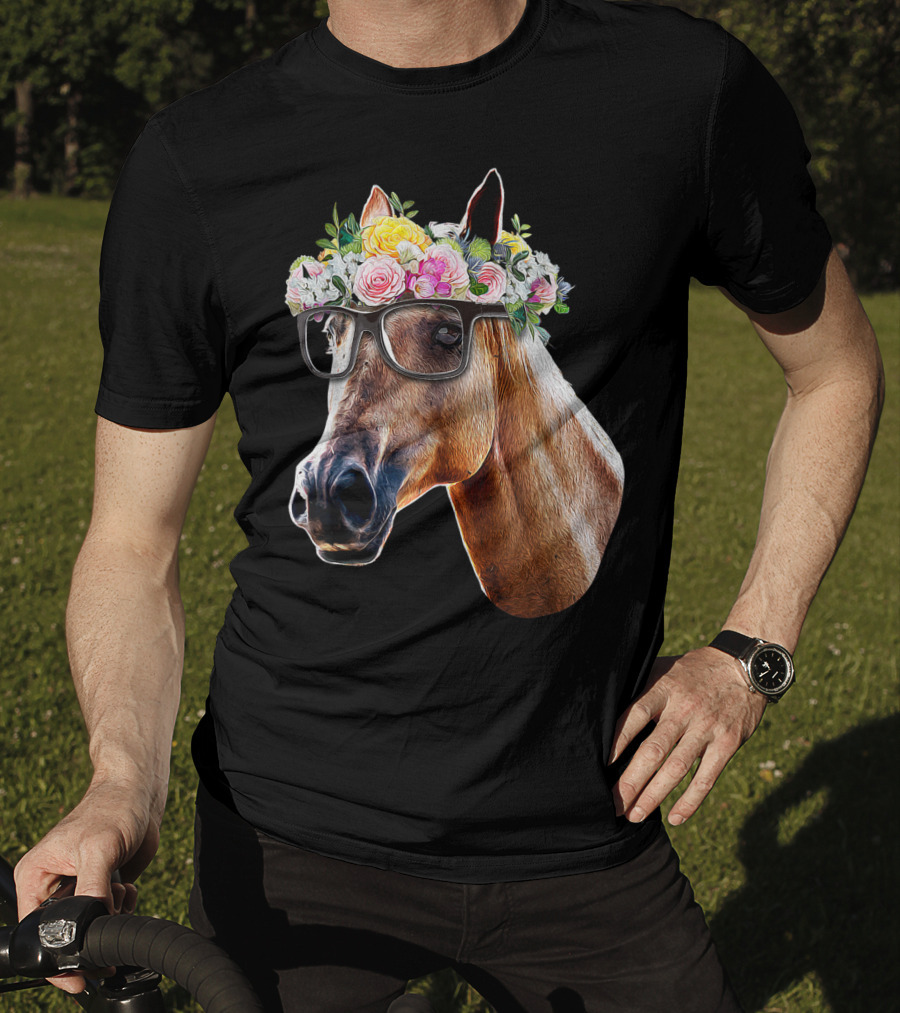Floral Horse With Glasses Equestrian Farm Riding T-Shirt