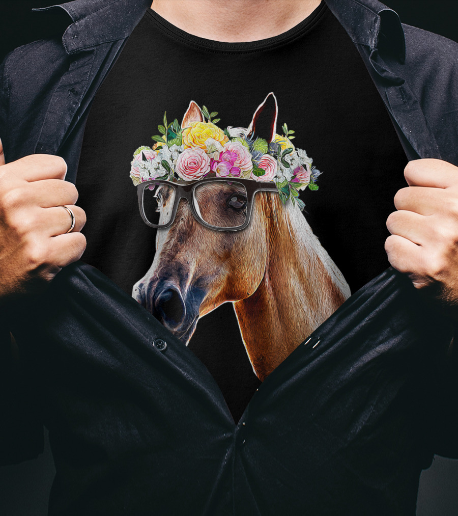 Floral Horse With Glasses Equestrian Farm Riding T-Shirt