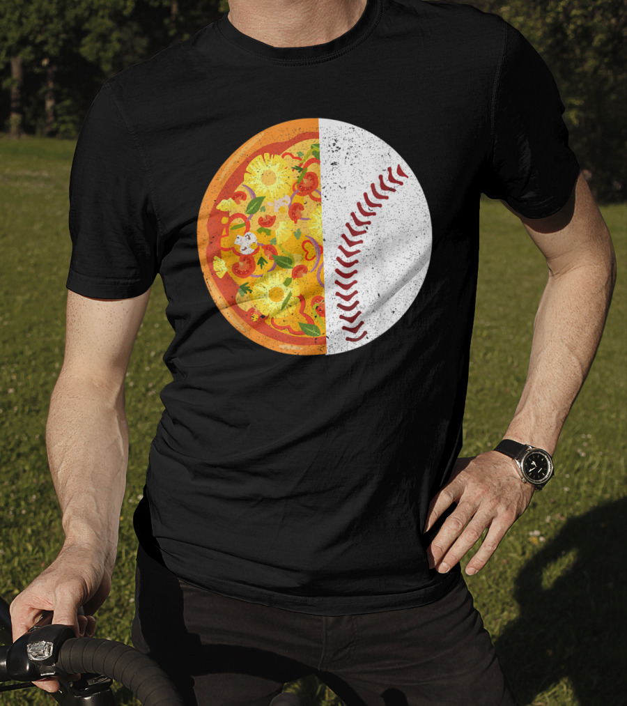 Funny Baseball Lover Eat Pizza Half Sport Pizza Baseball T-Shirt