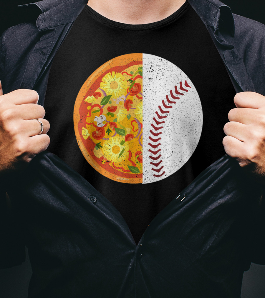 Funny Baseball Lover Eat Pizza Half Sport Pizza Baseball T-Shirt