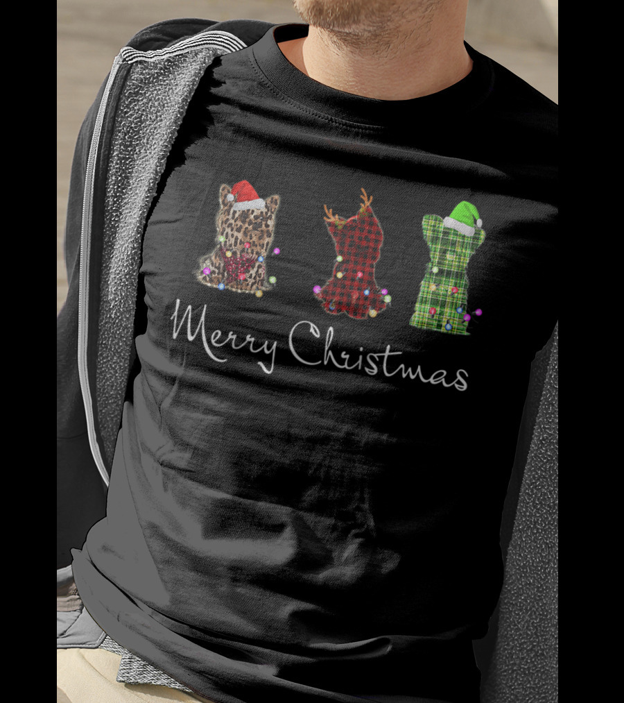 Merry Christmas Three Yorkshire Terriers Leopard Red Green Checkered T-Shirt