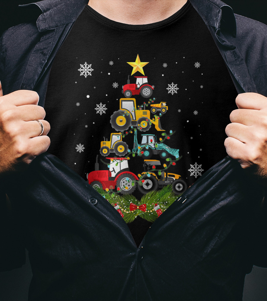 Tractor Christmas Tree Holiday Snowflakes Garland Star T-Shirt
