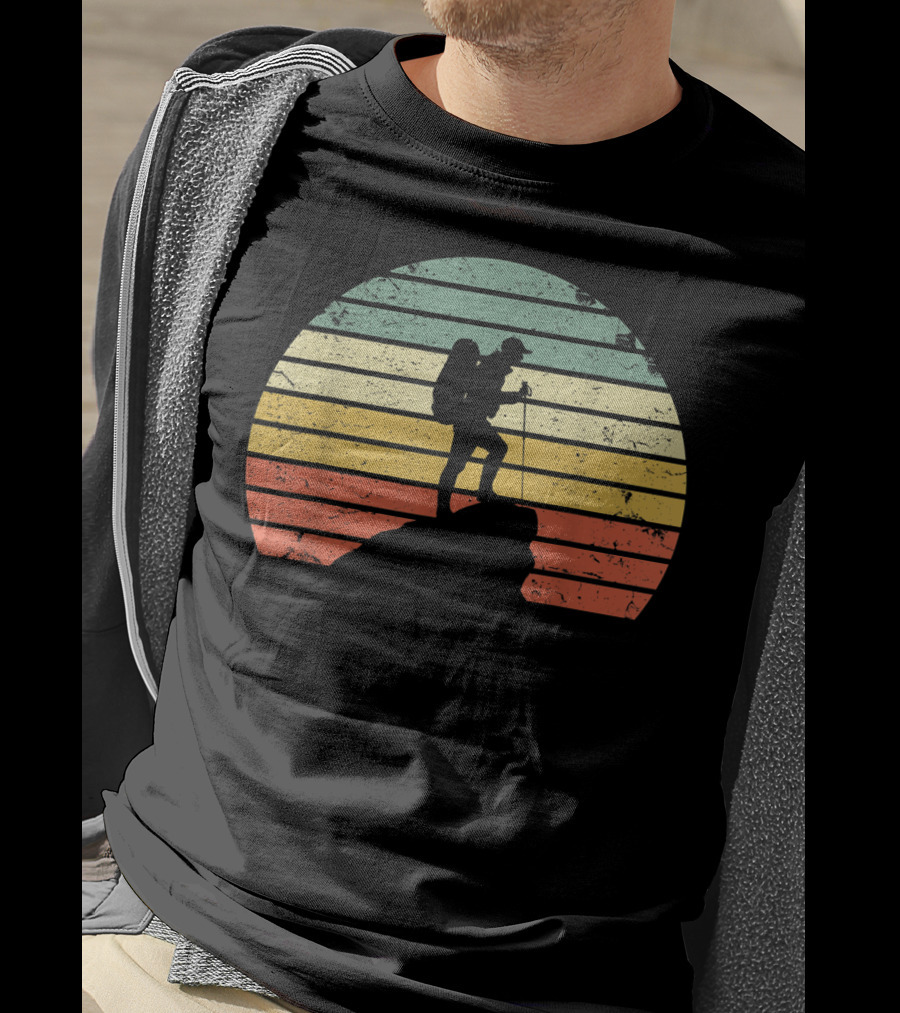Retro Hiking Hiker Silhouette On Mountain Rock And Sunset Stripes T-Shirt
