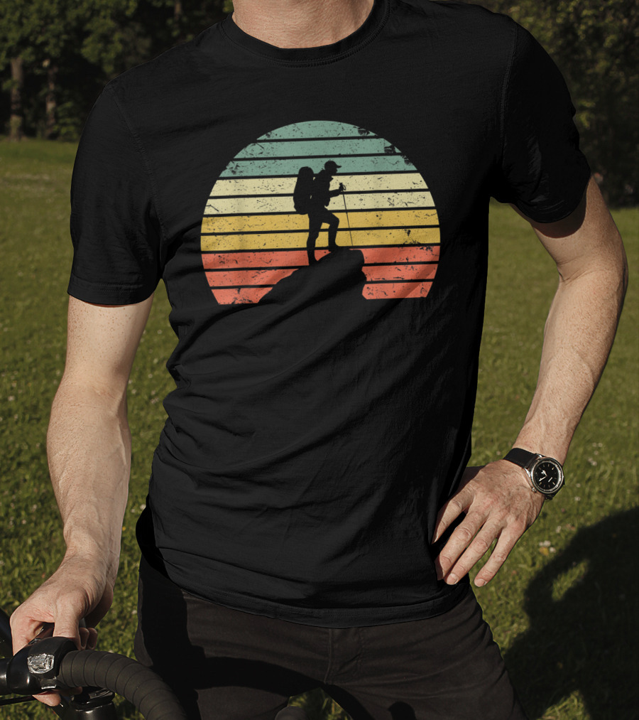 Retro Hiking Hiker Silhouette On Mountain Rock And Sunset Stripes T-Shirt