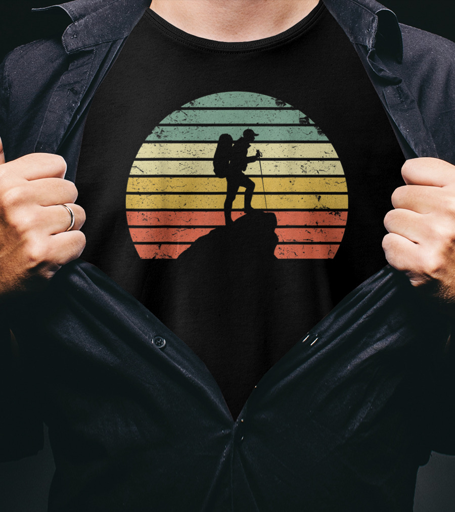 Retro Hiking Hiker Silhouette On Mountain Rock And Sunset Stripes T-Shirt