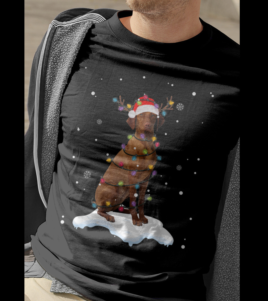 Vizsla Wrapped In Christmas Lights With Santa Hat And Antlers In Snow T-Shirt