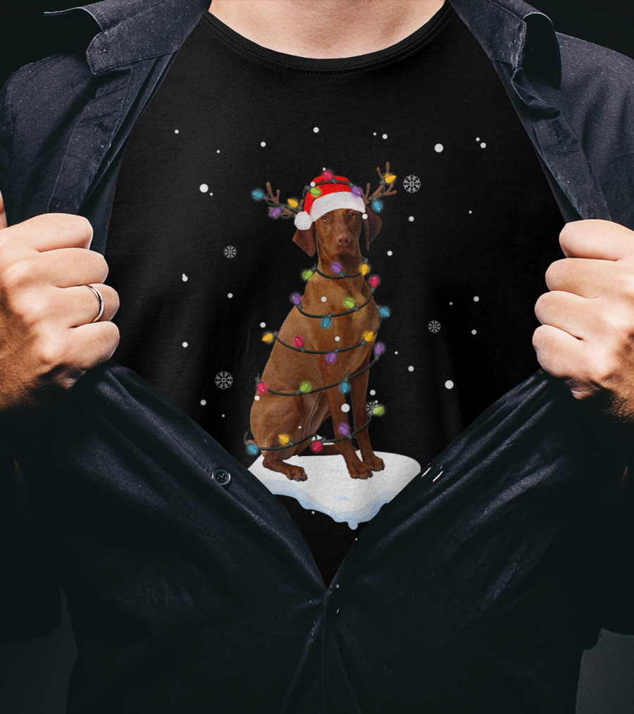 Vizsla Wrapped In Christmas Lights With Santa Hat And Antlers In Snow T-Shirt