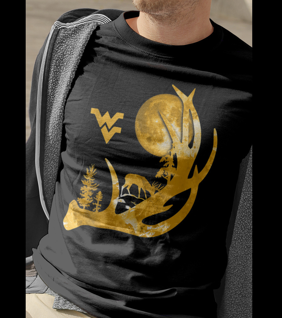West Virginia Mountaineers Antler Moon Deer Silhouette Fan T-Shirt