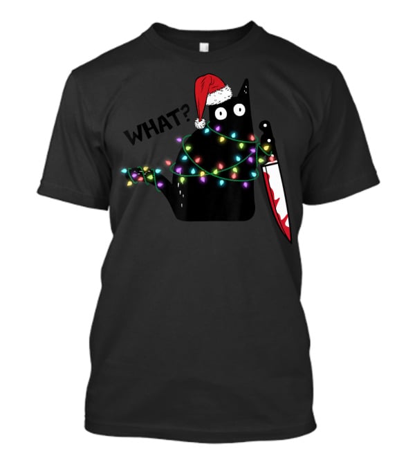 What Cat Wrapped In Xmas Lights Holding Knife Wearing Santa Hat T-Shirt