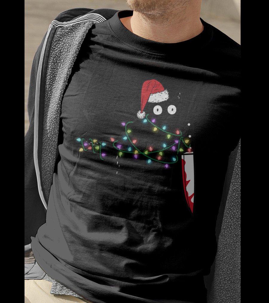 What Cat Wrapped In Xmas Lights Holding Knife Wearing Santa Hat T-Shirt