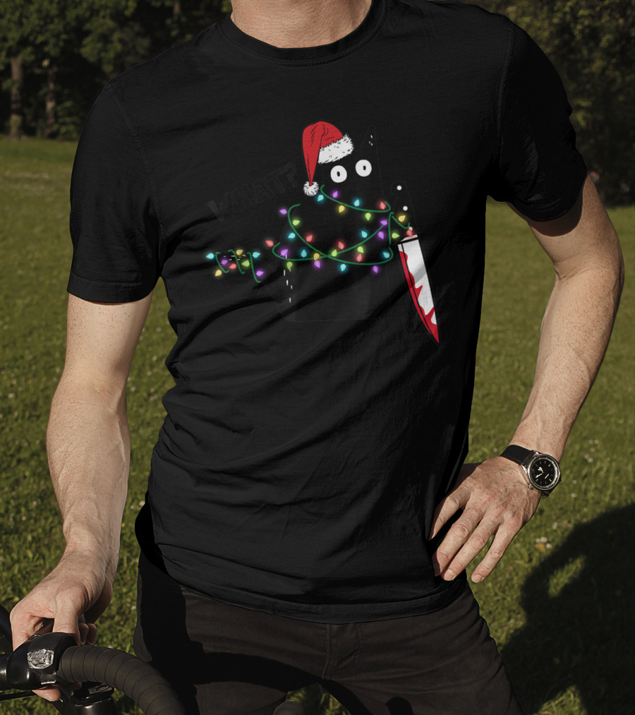 What Cat Wrapped In Xmas Lights Holding Knife Wearing Santa Hat T-Shirt